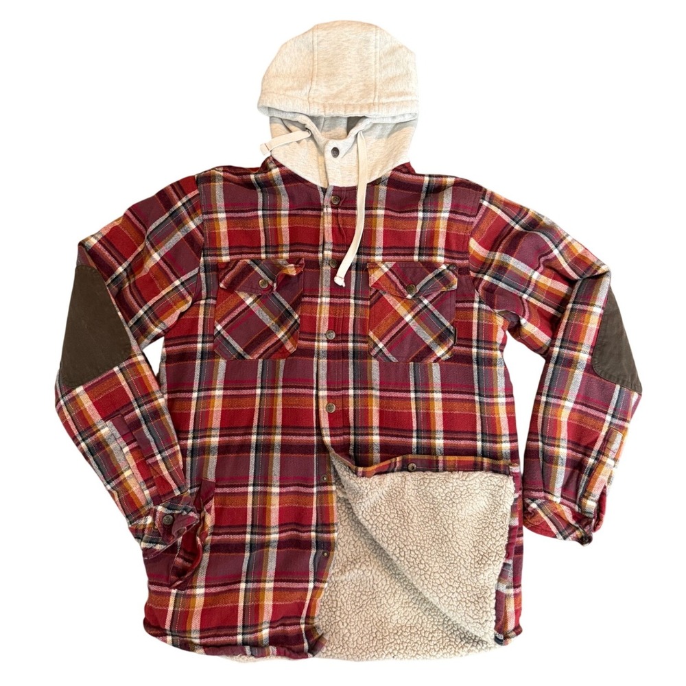 Legendary Whitetails Mens Red Plaid Sherpa Lined Hooded Flannel Shirt Jacket LT